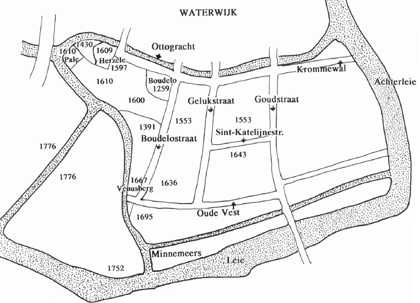 Systematisch namen de monniken van de Baudeloabdij in de Gentse Waterwijk het terrein in (tekening L. van Werveke, 1945)